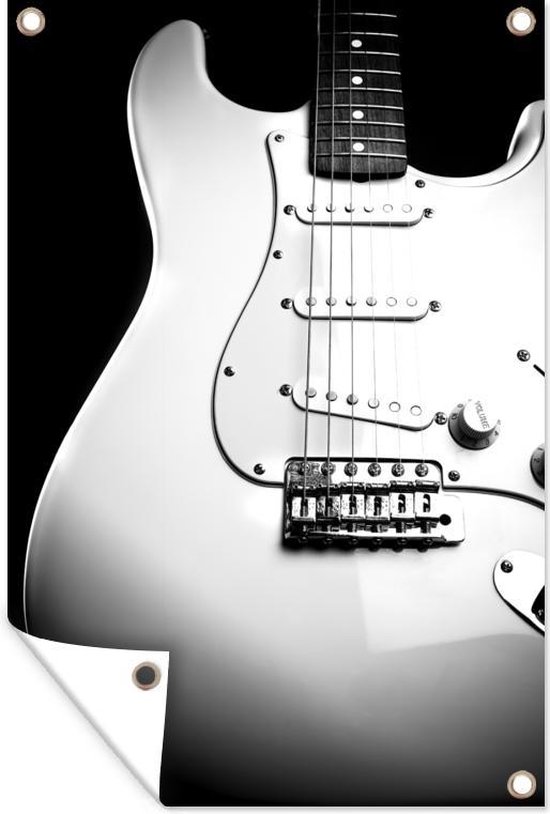 Tuindecoratie Close-up van een elektrische gitaar - zwart wit - 40x60 cm - Tuinposter - Tuindoek - Buitenposter