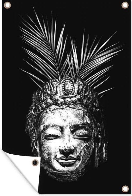 Muurdecoratie Ruw hoofd van een Boeddha met tropische bladeren erachter - zwart wit - 120x180 cm - Tuinposter - Tuindoek - Buitenposter