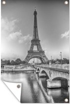 Tuindecoratie De Eiffeltoren in Parijs - zwart wit - 40x60 cm - Tuinposter - Tuindoek - Buitenposter