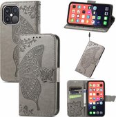 Butterfly Love Flower reliëf horizontale flip lederen tas met beugel / kaartsleuf / portemonnee / lanyard voor iPhone 13 Pro Max (grijs)