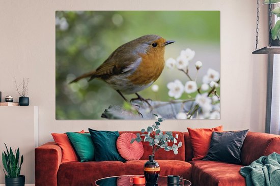 Canvas schilderij 180x120 cm - Wanddecoratie Roodborstje - Bloemen - Tak - Muurdecoratie woonkamer - Slaapkamer decoratie - Kamer accessoires - Schilderijen