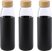 3x Stuks glazen waterfles/drinkfles met zwarte siliconen bescherm hoes 540 ml - Sportfles - Bidon