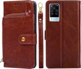 Voor vivo X60 Pro Zipper Bag PU + TPU Horizontale Flip Lederen Case met Houder & Card Slot & Portemonnee & Lanyard (Bruin)