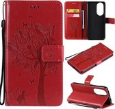 Voor Huawei P50 Boom & Kat Patroon Geperst Afdrukken Horizontale Flip PU Lederen Case met Houder & Kaartsleuven & Portemonnee & Lanyard (Rood)