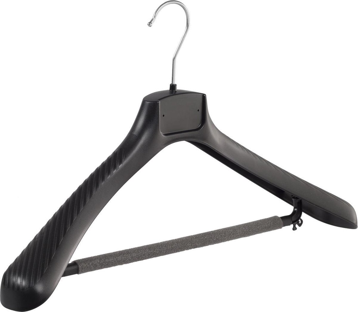 De Kledinghanger Gigant - 10 x Mantelhanger / kostuumhanger kunststof zwart met schouderverbreding en anti-slip broeklat (2 mm schuim), 48 cm