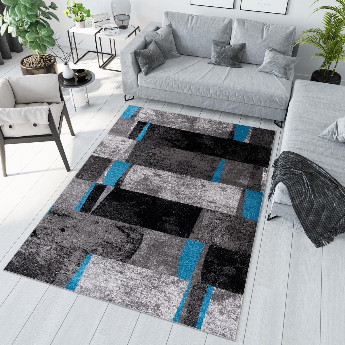 Tapiso Jawa Vloerkleed Antraciet Blauw Karpetten Tapijt Maat- 300x400 Grijs Blauw 5