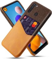 Voor Samsung Galaxy A21 Doek Textuur PC + PU lederen achterkant Schokbestendig hoesje met kaartsleuf (oranje)