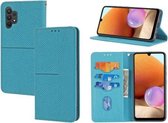 Voor Samsung Galaxy A32 4G Geweven Textuur Stiksels Magnetische Horizontale Flip PU Lederen Case met Houder & Kaartsleuven & Portemonnee & Lanyard (Blauw)