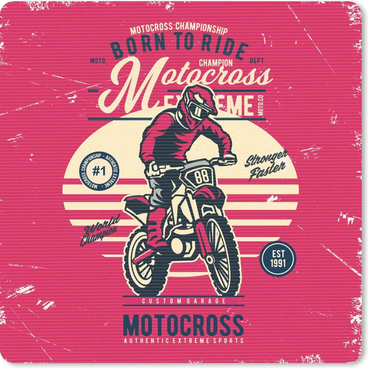 Muismat 30x30 cm - Mousepad Motorcross - Man - Tekening - Retro - Muismatten
