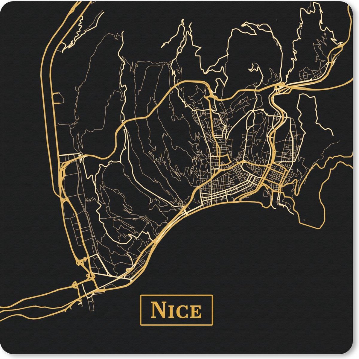 Muismat 30x30 cm - Mousepad Kaart - Nice - Zwart - Goud - Muismatten