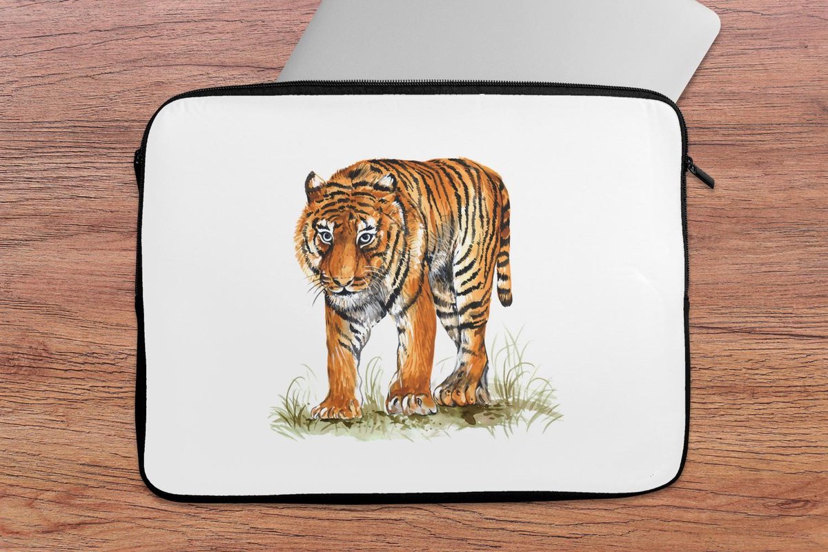 Laptophoes 14 inch - Tijger - Gras - Afbeelding - Laptop sleeve - Binnenmaat 33x23 cm - Zwarte achterkant