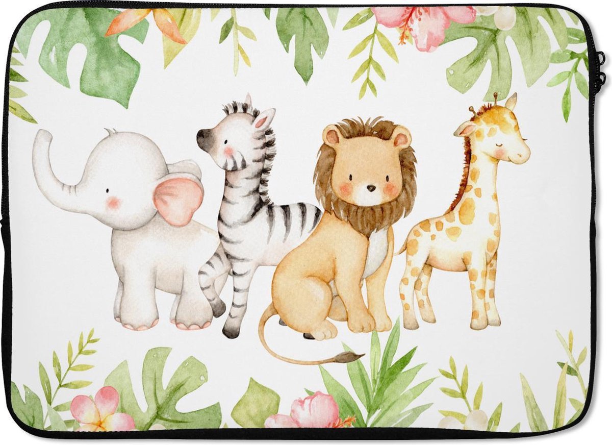 Laptophoes 14 inch - Jungle - Dieren - Aquarelverf - Laptop sleeve - Binnenmaat 33x23 cm - Zwarte achterkant