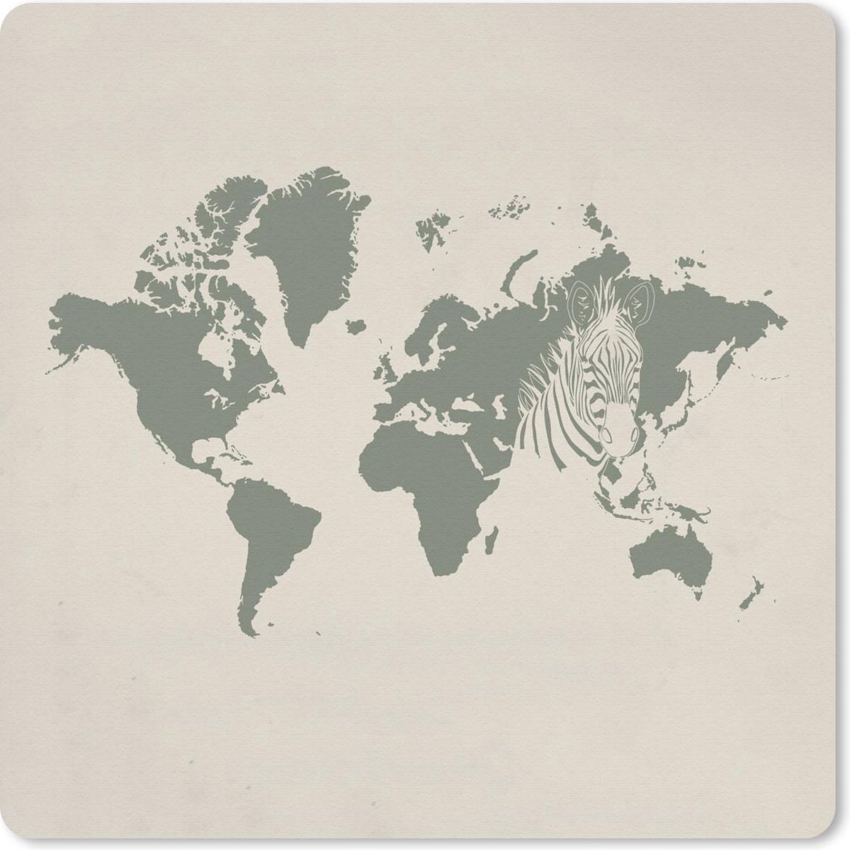 Muismat 20x20 cm - Mousepad Wereldkaart - Zebra - Grijs - Muismatten