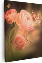 Artaza - Canvas Schilderij - Twee Roze Vlinders Bij Roze Rozen - 80x100 - Groot - Foto Op Canvas - Canvas Print