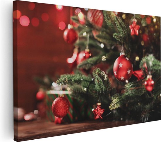 Artaza Canvas Schilderij Kerstboom Met Rode Lichtjes En Kerstballen - 120x80 - Groot - Foto Op Canvas - Wanddecoratie Woonkamer