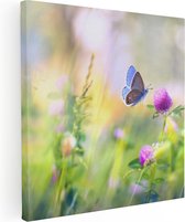 Artaza - Peinture Sur Toile - Papillon Bleu Avec Une Bloem Violette - 90x90 - Groot - Photo Sur Toile - Impression Sur Toile