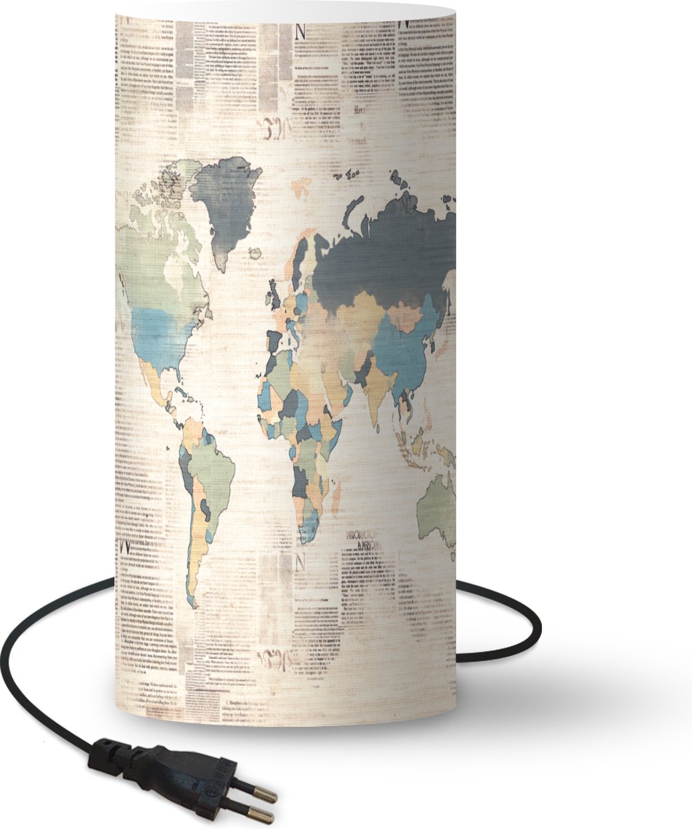 Lamp - Nachtlampje - Tafellamp slaapkamer - Wereldkaart - Vintage - Pastel - 33 cm hoog - Ø15.9 cm - Inclusief LED lamp