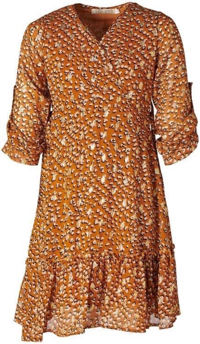 Meisjes jurk 3/4 mouwen panterprint cognac/oranje | Maat 104/ 4Y
