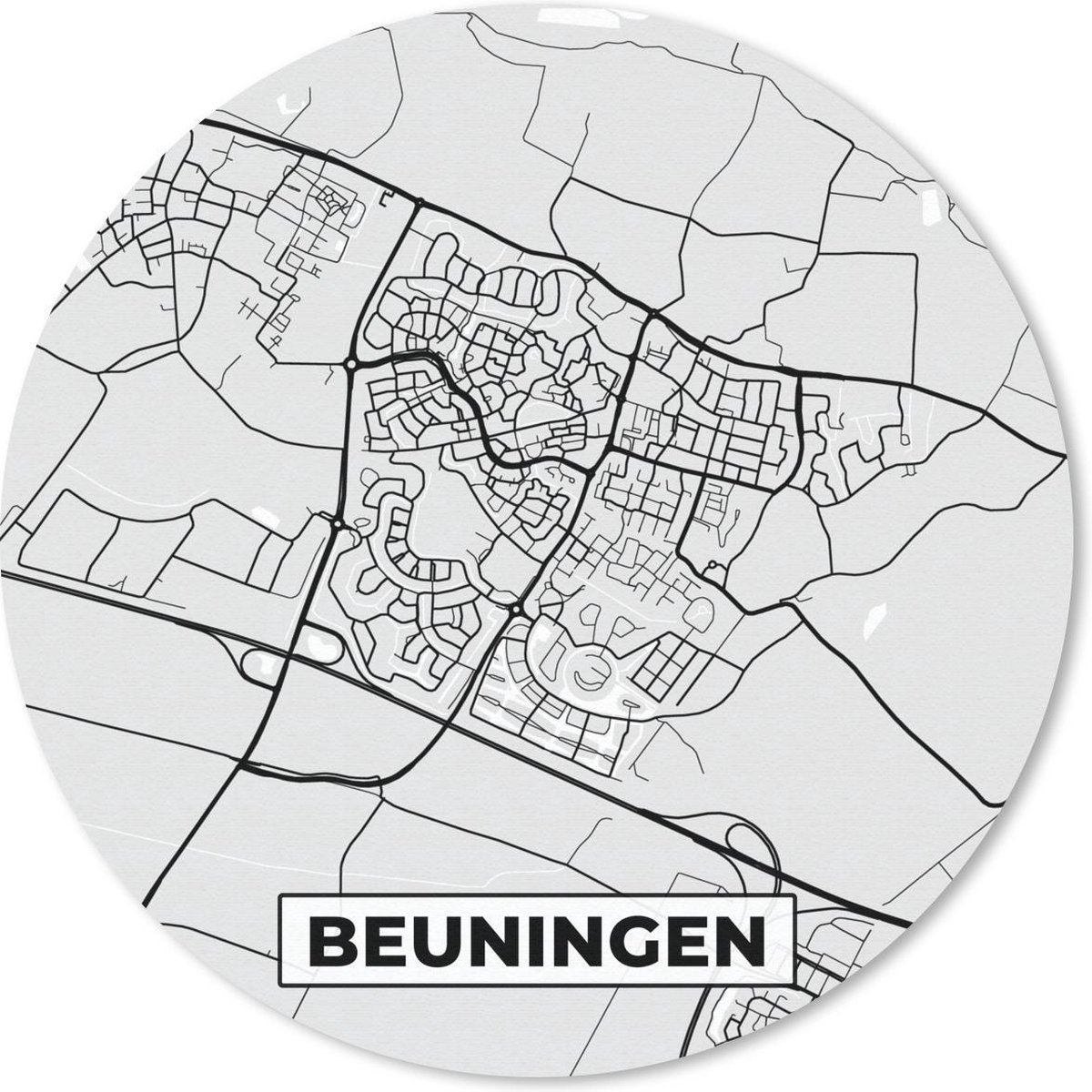 Muismat rond 50x50 cm - Mousepad Stadskaart - Beuningen - Grijs - Wit - Ronde muismatten