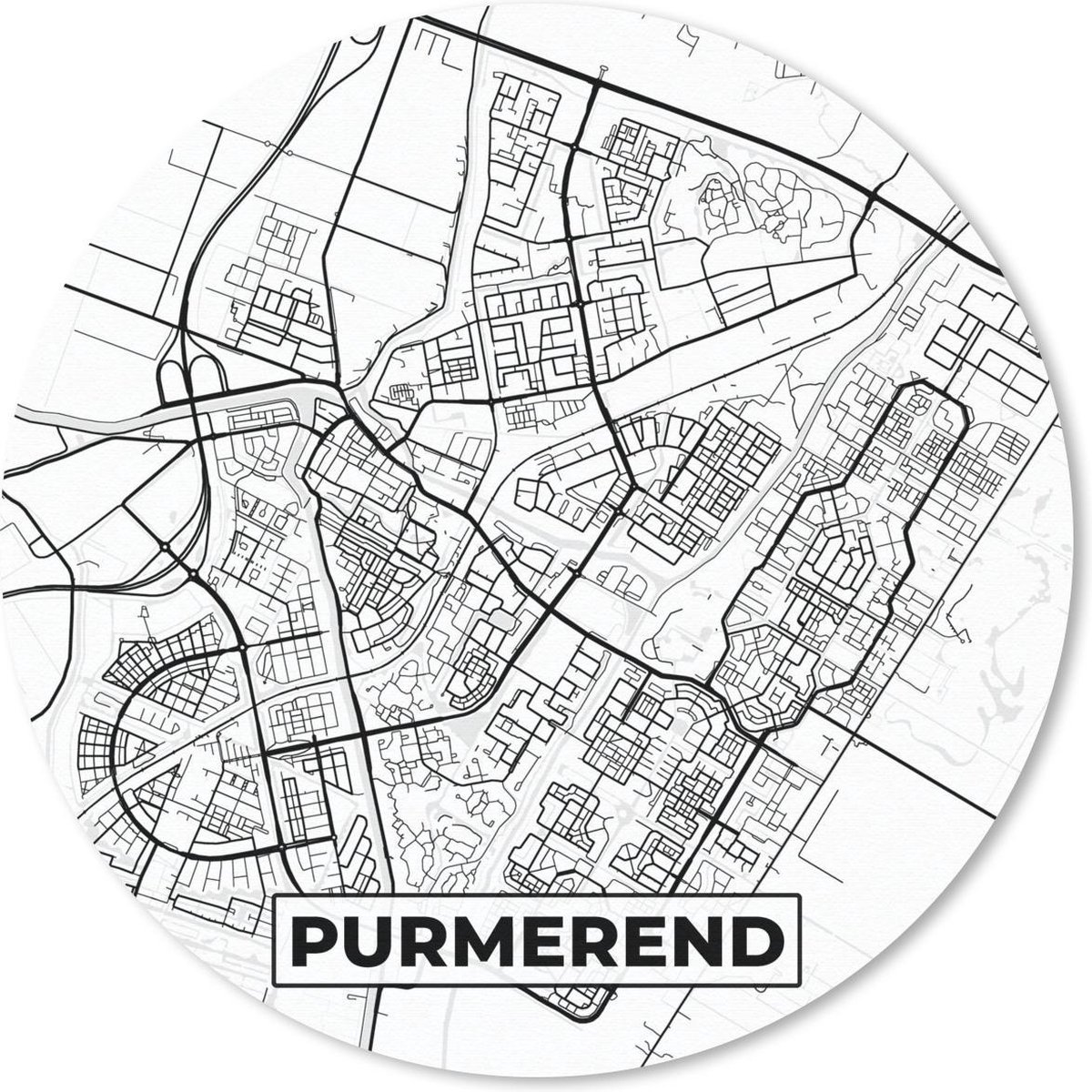 Muismat rond 40x40 cm - Mousepad Kaart - Purmerend - Zwart - Wit - Ronde muismatten