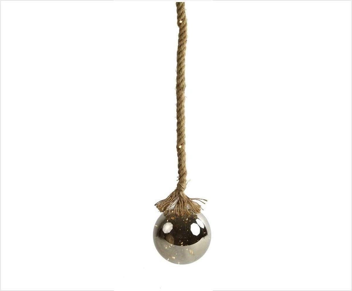 Glazen Bal zilver met LED - 15 cm - Jute touw 95 cm