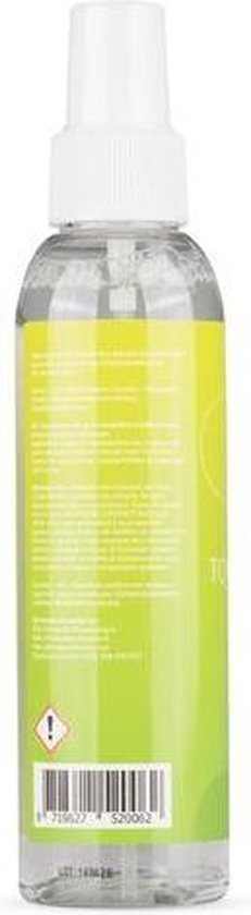 Arrière d'une bouteille EasyGlide Toycleaner avec informations produit multilingues et code-barres sur une étiquette verte, sur fond blanc.