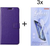 Bookcase Geschikt voor: Oppo Reno6 5G - Bookcase Paars - portemonnee hoesje met 3 stuk Glas Screen protector