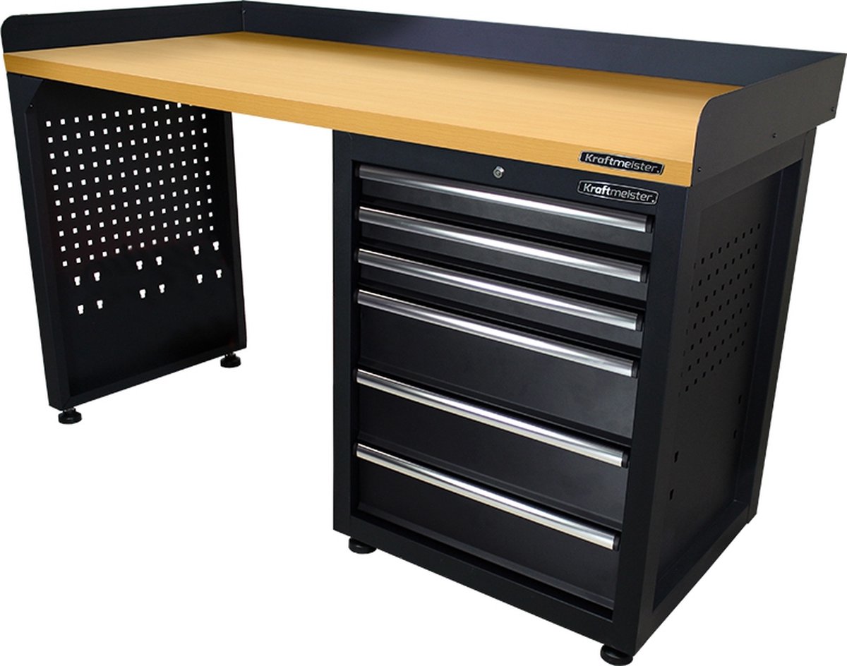 Kraftmeister werkbank 150 cm - Werktafel met 6 laden en MDF werkblad - Zwart
