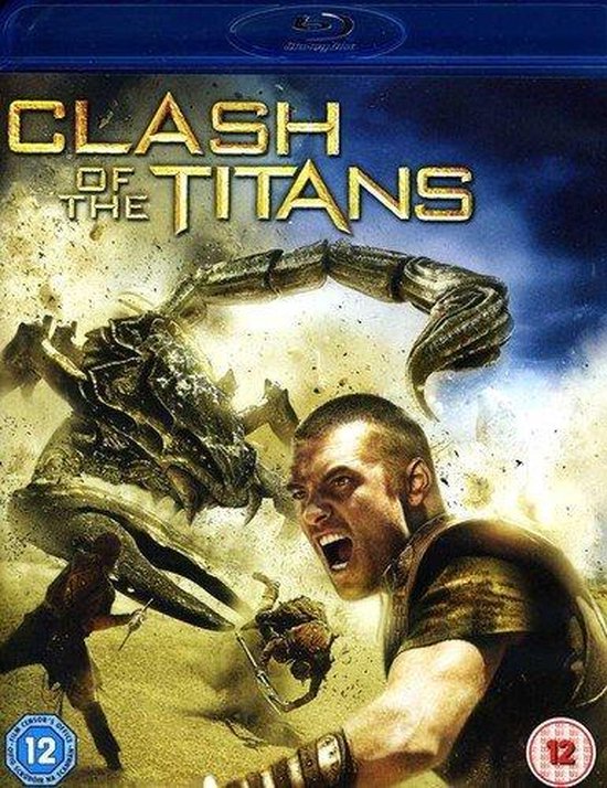 Voorzijde Blu-ray hoesje van Clash of the Titans. Een mannelijke krijger kijkt strijdvaardig naar een gigantisch insectachtig monster.