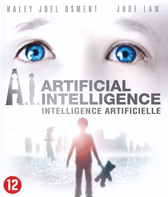 Blu-ray cover van A.I. Artificial Intelligence. Een jongen met een teddybeer kijkt naar een futuristische stad. Met Haley Joel Osment en Jude Law.