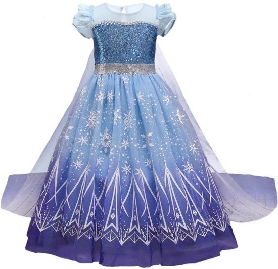 Prinses - Elsa jurk - Queen - Prinsessenjurk - Verkleedkleding - Feestjurk - Sprookjesjurk - Blauw - Maat 110/116 (4/5 jaar)