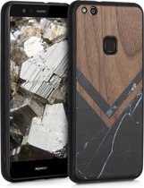 kwmobile telefoonhoesje compatibel met Huawei P10 Lite - Hoesje met bumper in zwart / wit / donkerbruin - walnoothout - Hout Glory Marmer design
