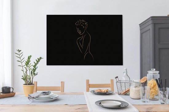 Toile Peinture Femme - Zwart - Or - Dessin au trait - Line cm - Décoration murale