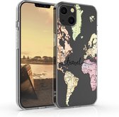 kwmobile telefoonhoesje voor Apple iPhone 13 - Hoesje voor smartphone in zwart / meerkleurig / transparant - Travel Wereldkaart design