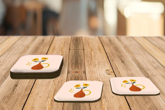 Onderzetters voor glazen - Vaas - Bloemen - Pastel - 10x10 cm - Glasonderzetters - 6 stuks