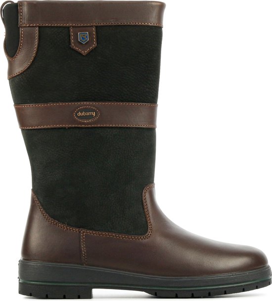 Bottes en cuir marron avec tissu vert foncé, logo Dubarry et Gore-Tex.