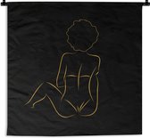 Wandkleed - Wanddoek - Vrouw - Zwart - Goud - Line art - 90x90 cm - Wandtapijt
