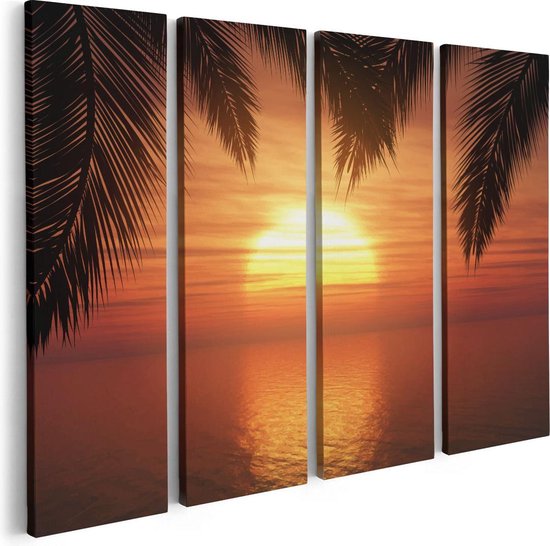 Artaza Canvas Schilderij Vierluik Zonsondergang Op Het Strand Met Palmbomen - 80x60 - Foto Op Canvas - Canvas Print