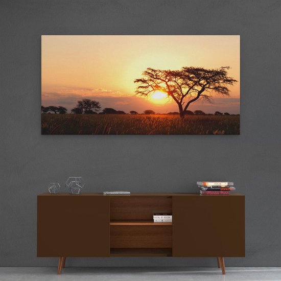 Artaza Canvas Schilderij Zonsondergang Achter Een Acacia Boom - 120x60 cm - Groot - Wanddecoratie Woonkamer - Schilderijen - Muurdecoratie