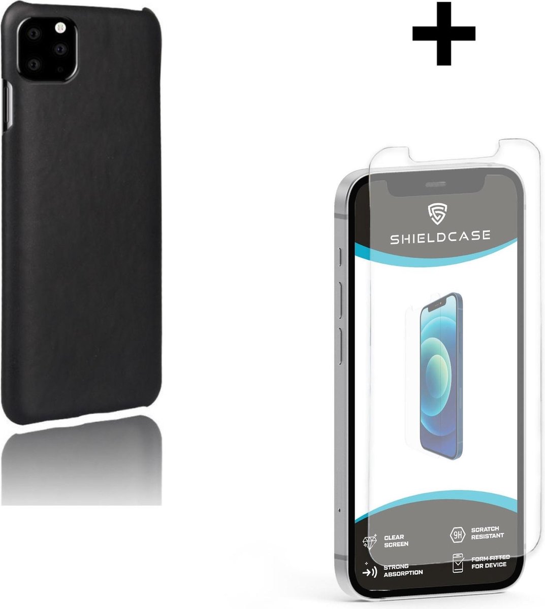 Shieldcase geschikt voor Apple iPhone 12 Pro Max 6.7 inch vintage leren hoesje - zwart + glazen Screen Protector