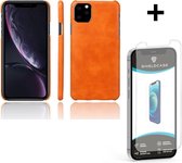 Shieldcase geschikt voor Apple iPhone 12 Mini - 5.4 inch vintage leren hoesje - oranje + glazen Screen Protector