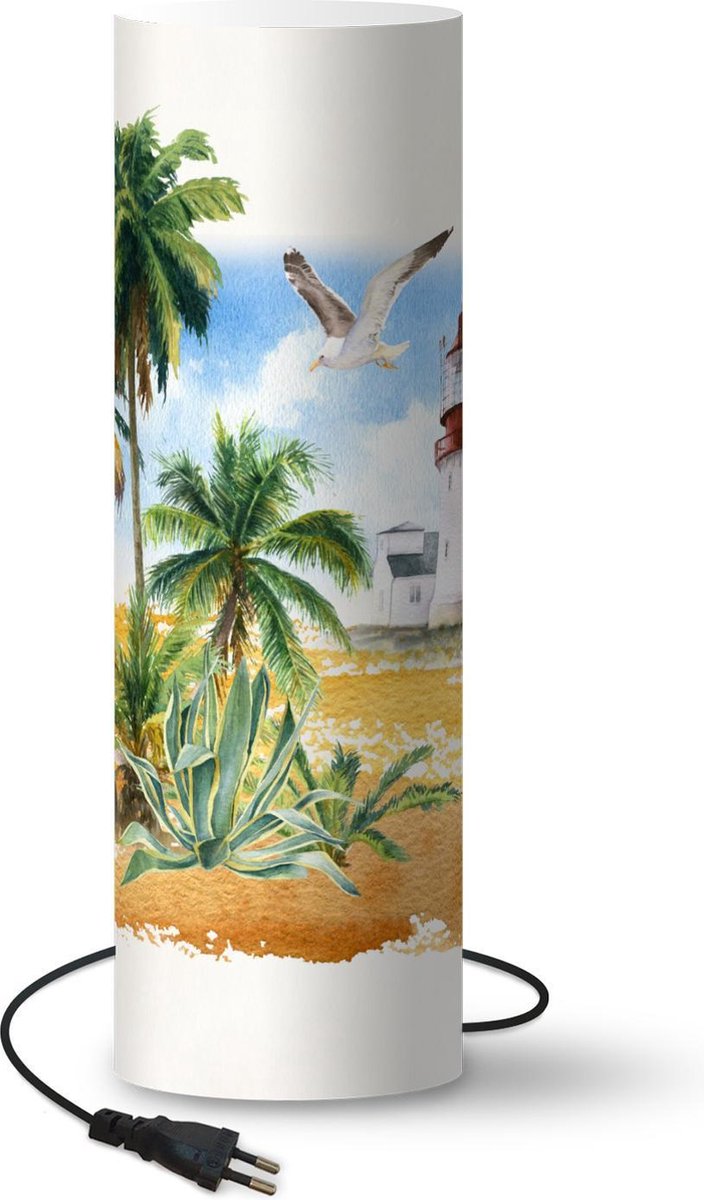 Lamp - Nachtlampje - Tafellamp slaapkamer - Vuurtoren - Palmboom - Vogel - Strand - 50 cm hoog - Ø15.9 cm - Inclusief LED lamp