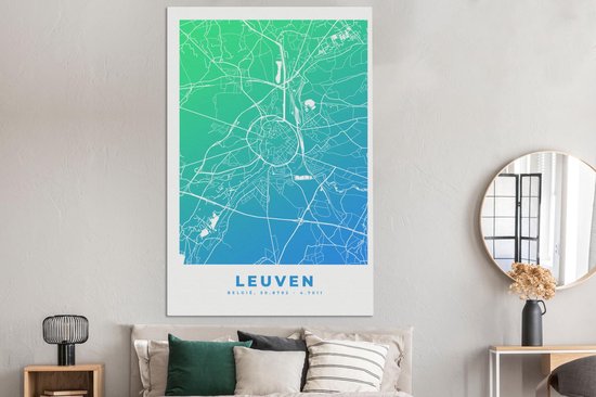 Tableau sur Toile City Map - Louvain - Blauw - Vert - 120x180 cm - Décoration murale XXL - Carte