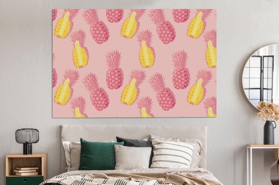 Canvas schilderij 150x100 cm - Wanddecoratie Zomer - Ananassen - Geel - Roze - Muurdecoratie woonkamer - Slaapkamer decoratie - Kamer accessoires - Schilderijen