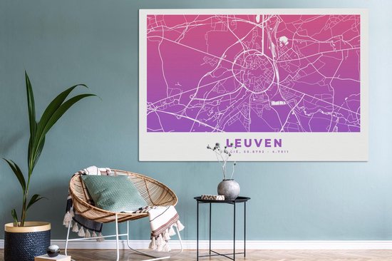 Tableau sur toile Carte de ville - Louvain - België - Violet - 180x120 cm - Décoration murale XXL