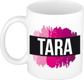 Tara  naam cadeau mok / beker met roze verfstrepen - Cadeau collega/ moederdag/ verjaardag of als persoonlijke mok werknemers