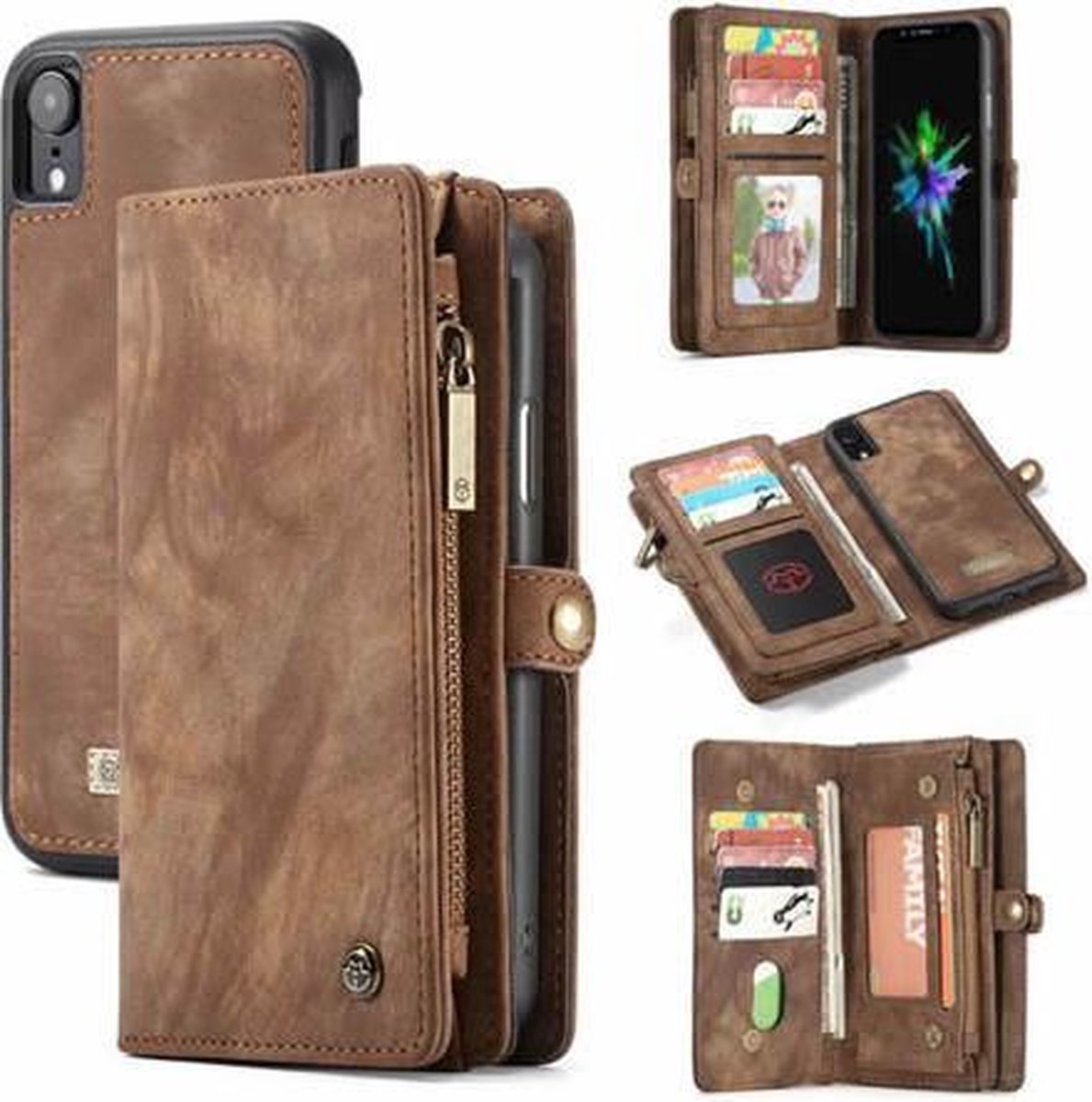 CaseMe - Hoesje geschikt voor iPhone XR - 2 in 1 Wallet Book Case - Bruin