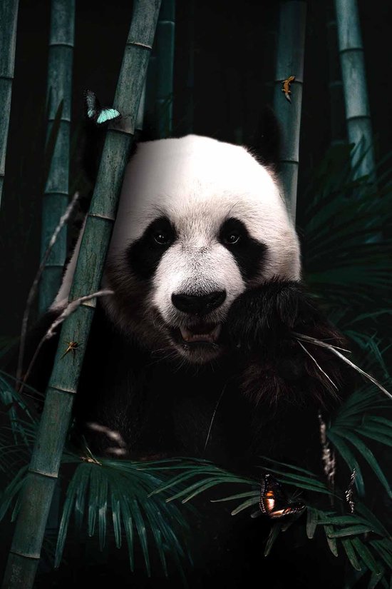 Jungle Panda op Textiel in Frame - WallCatcher | 80 x 120 cm | Breed zwart Textielframe 27 mm | Jungle Reuzenpanda op peesdoek