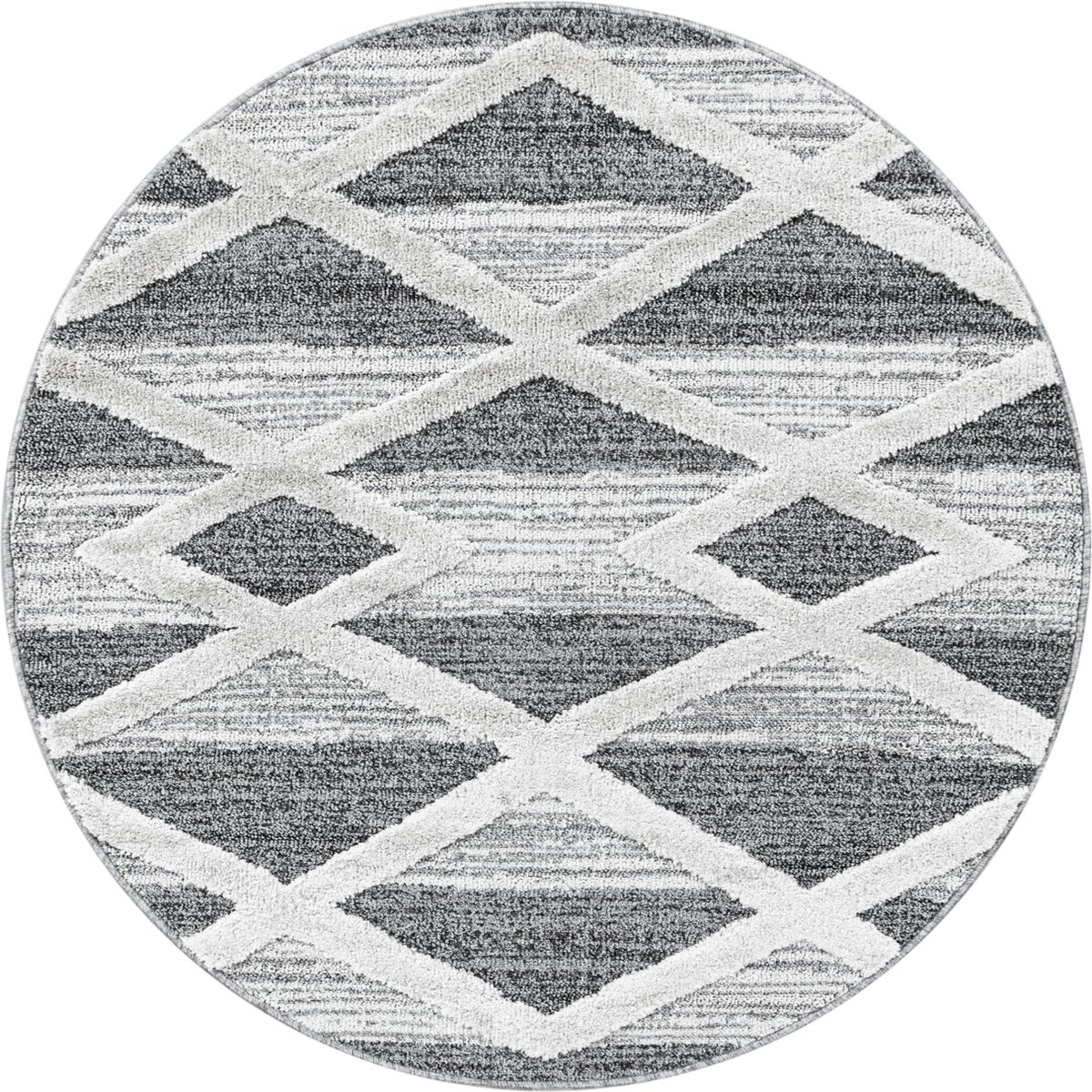 Ayyildiz Hoogpolig vloerkleed, geometrisch patroon, grijs, woonkamerkleed, jute achterkant, afmeting: 80 cm rond