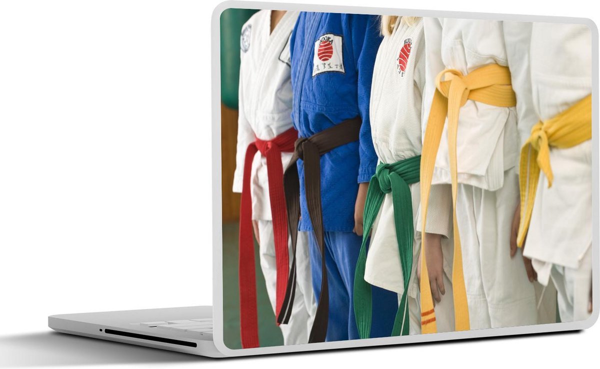 Afbeelding van product SleevesAndCases  Laptop sticker - 17.3 inch - Meerdere judoka's staan naast elkaar met verschillende kleuren banden
